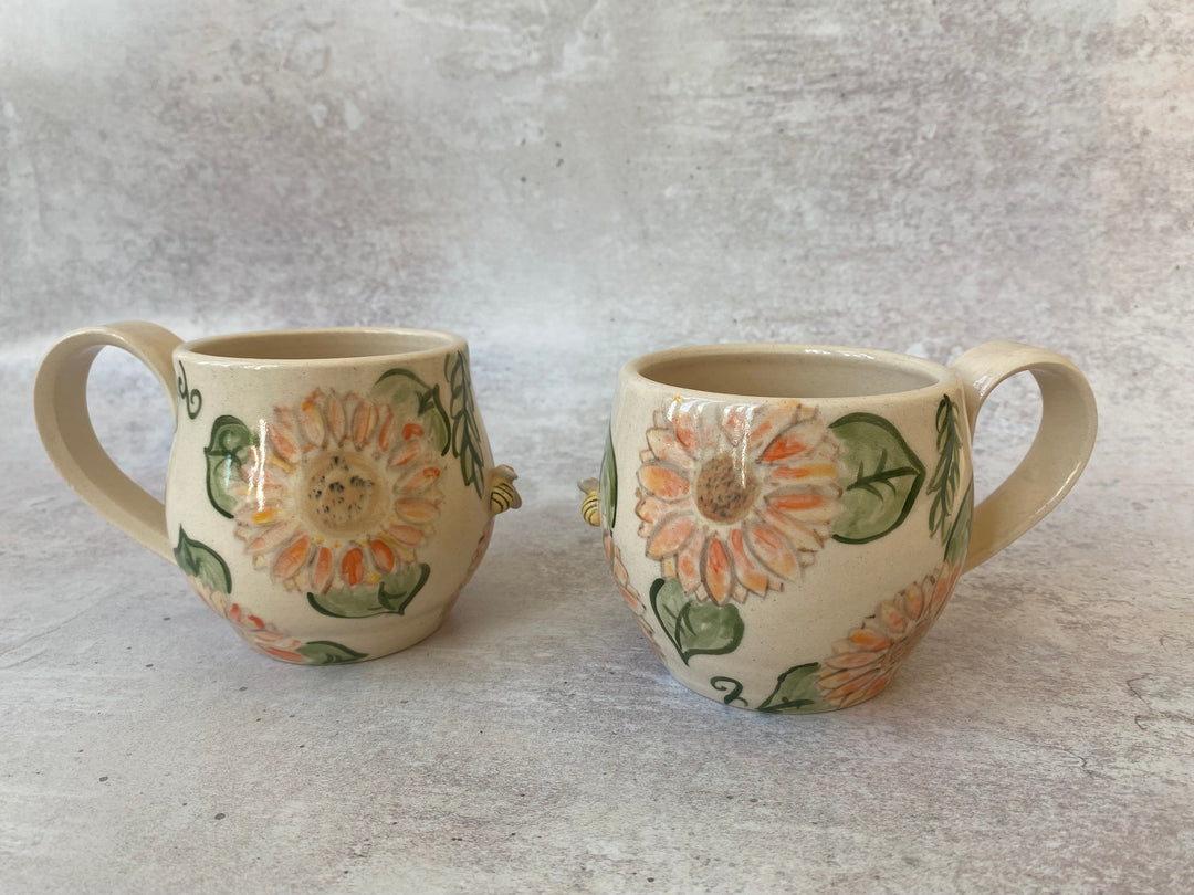 Handmade ceramic 10oz mug with hand painted sunflowers and an embossed 3D bumblebee UK