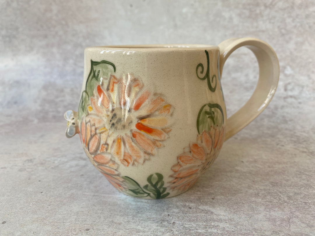 Handmade ceramic 10oz mug with hand painted sunflowers and an embossed 3D bumblebee UK