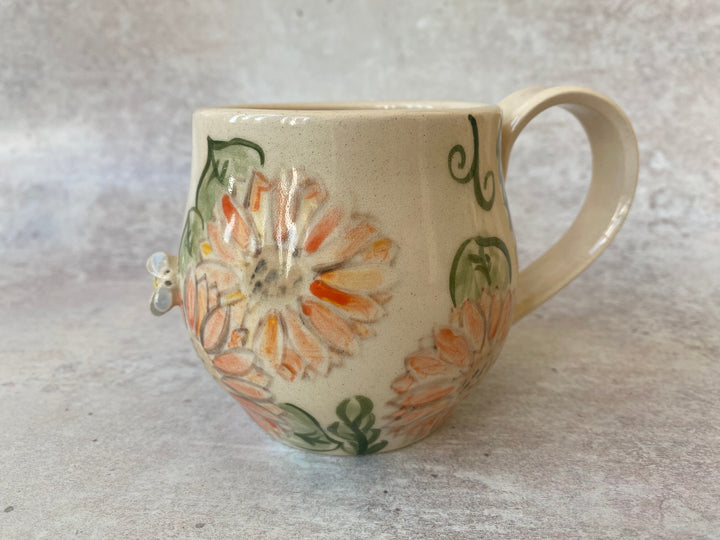 Handmade ceramic 10oz mug with hand painted sunflowers and an embossed 3D bumblebee UK