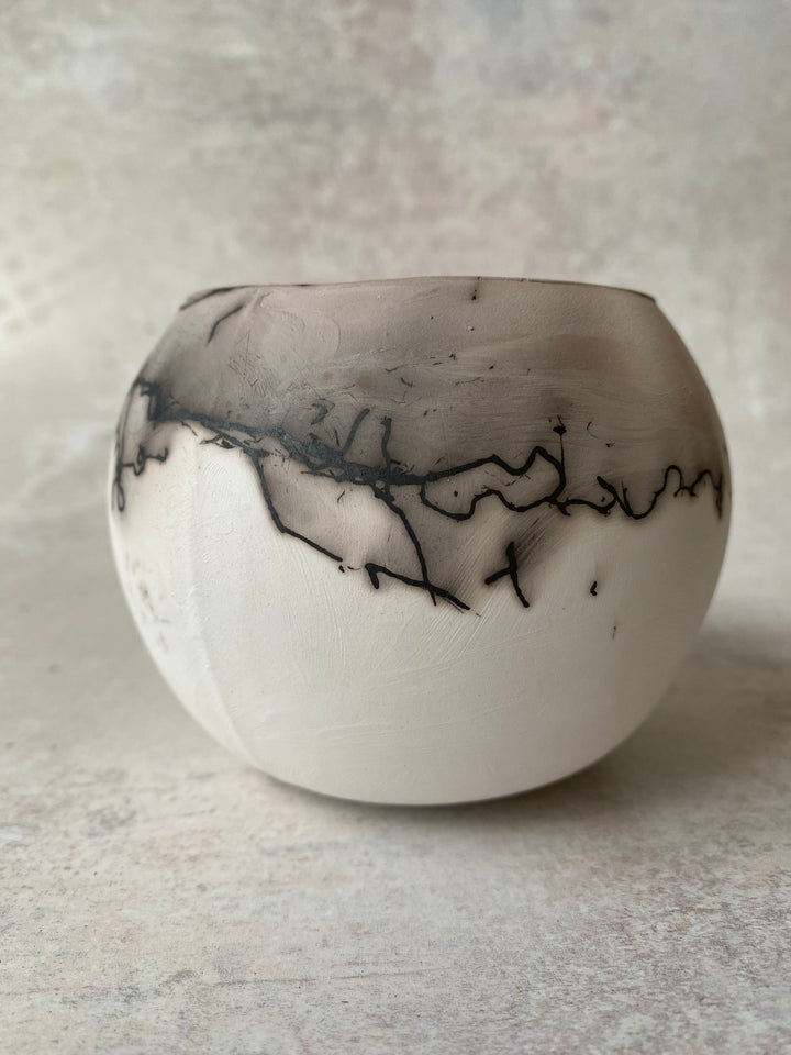 Brilliant White Raku Sphere (Feather &amp; Horsehair Detail)
