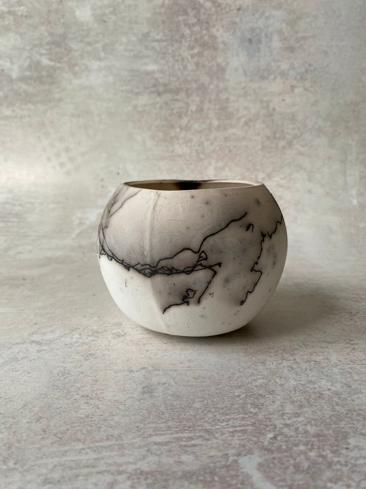 Brilliant White Raku Sphere (Feather &amp; Horsehair Detail)