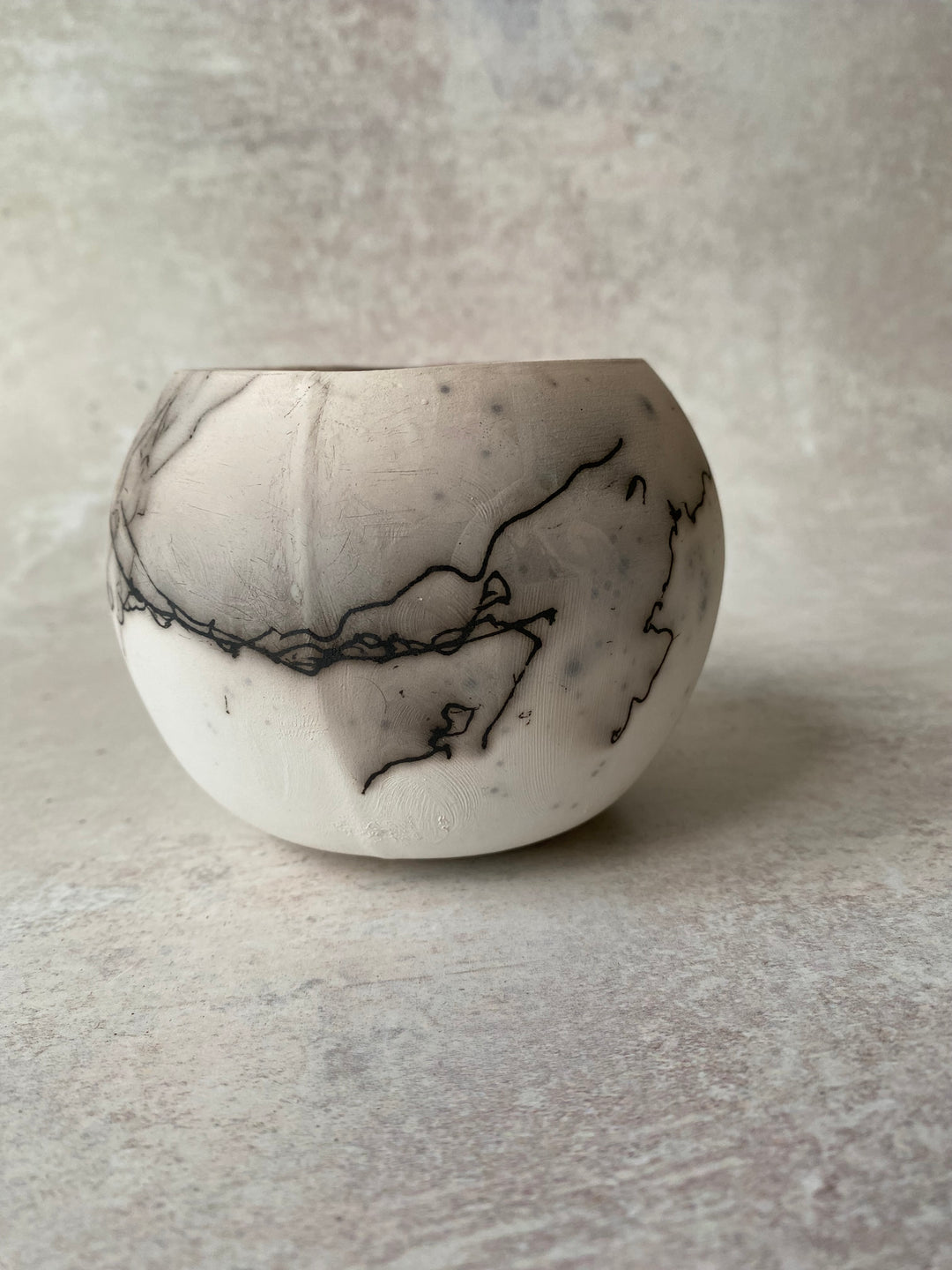 Brilliant White Raku Sphere (Feather &amp; Horsehair Detail)