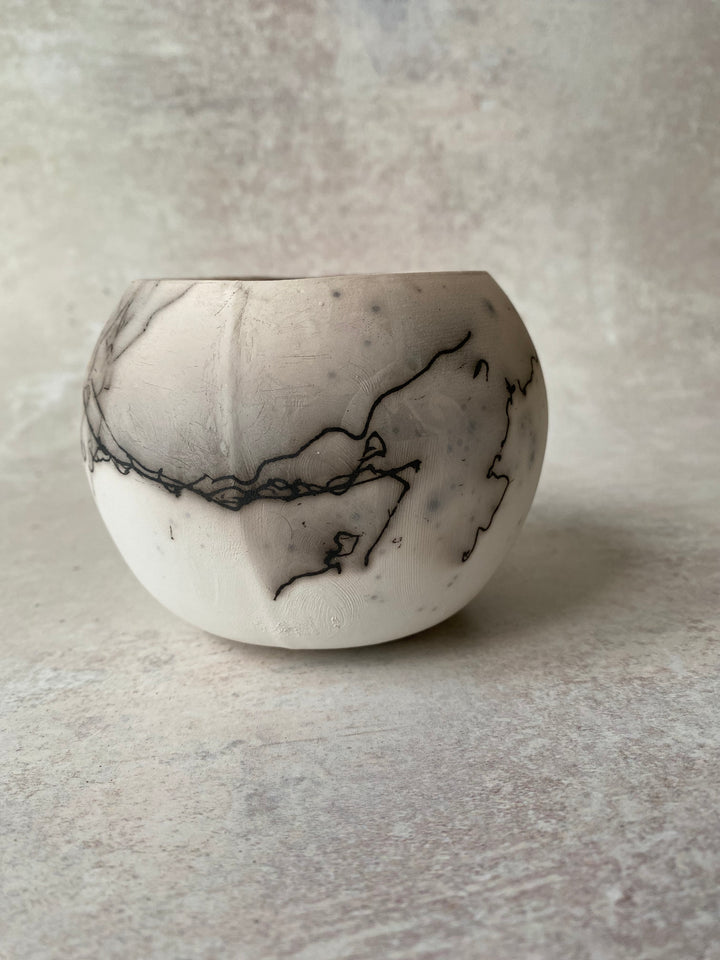 Brilliant White Raku Sphere (Feather &amp; Horsehair Detail)