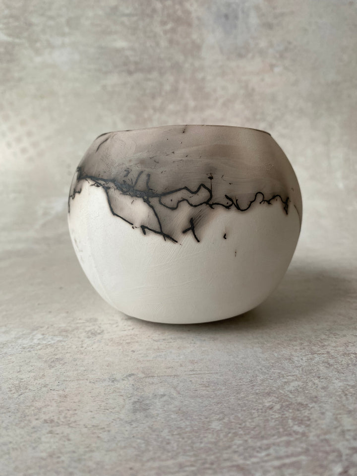 Brilliant White Raku Sphere (Feather &amp; Horsehair Detail)