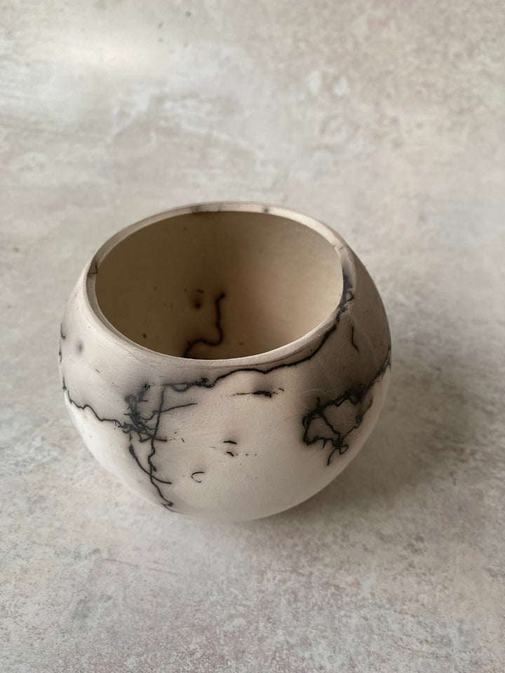 Brilliant White Raku Sphere (Feather &amp; Horsehair Detail)